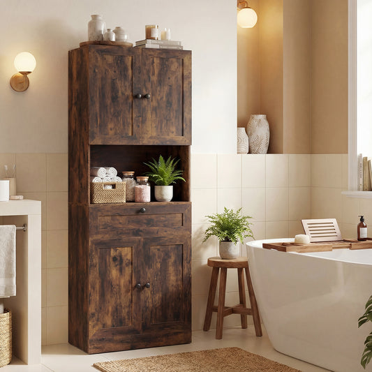 The tall bathroom cabinet shown in a bathroom setting next to a bathtub
