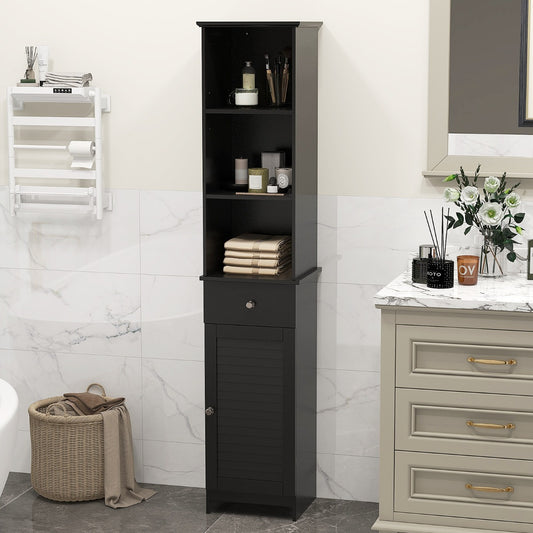Black tall bathroom cabinet with adjustable shelves shown in a bathroom setting next to a basket and a radiator