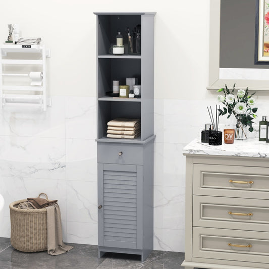 The grey floor cabinet is shown in a bathroom setting with a towel rack and basket nearby