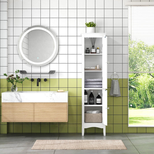 The tall narrow bathroom cabinet open in a modern bathroom setting