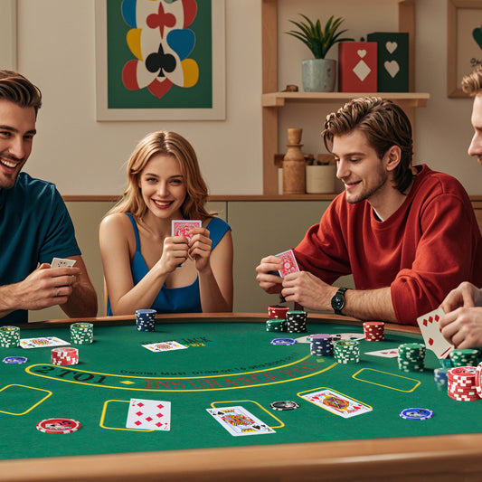 Four friends playing poker at a green felt table with a Texas Holdem Poker Chip Set