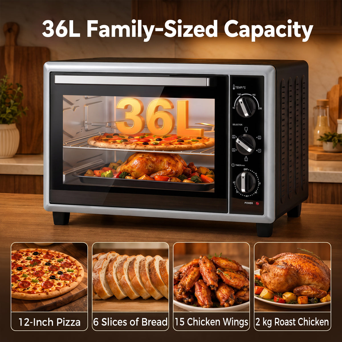 HOMCOM 36L Mini Oven with Convection, Electric Countertop Cooker with Rotisserie, 90-230°C Adjustable Temperature, 1500 W