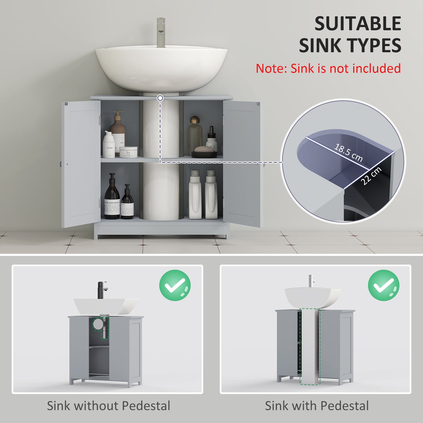 kleankin 60x60cm Under-Sink Storage Cabinet w/ Adjustable Shelf Handles Drain Hole Bathroom Cabinet Space Saver Organizer Grey