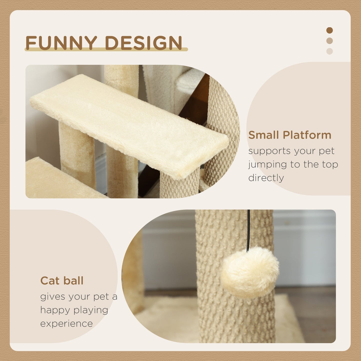 PawHut 4-step Pet Stairs with Scratching Posts, Platforms, Toy Ball, Beige