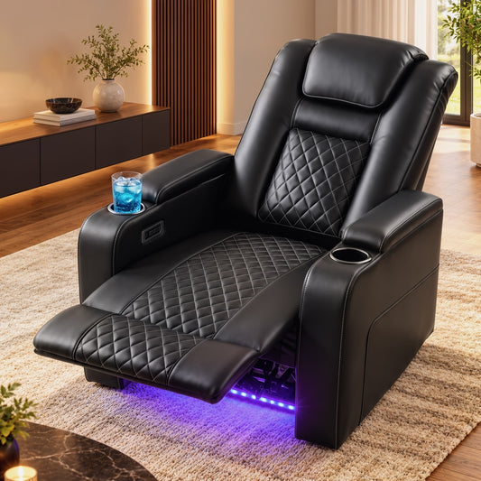 HOMCOM Electric Recliner Chair, Air Leather Recliner Armchair with LED Light, Wide Spring Cushion, USB-A and USB-C Ports, Black