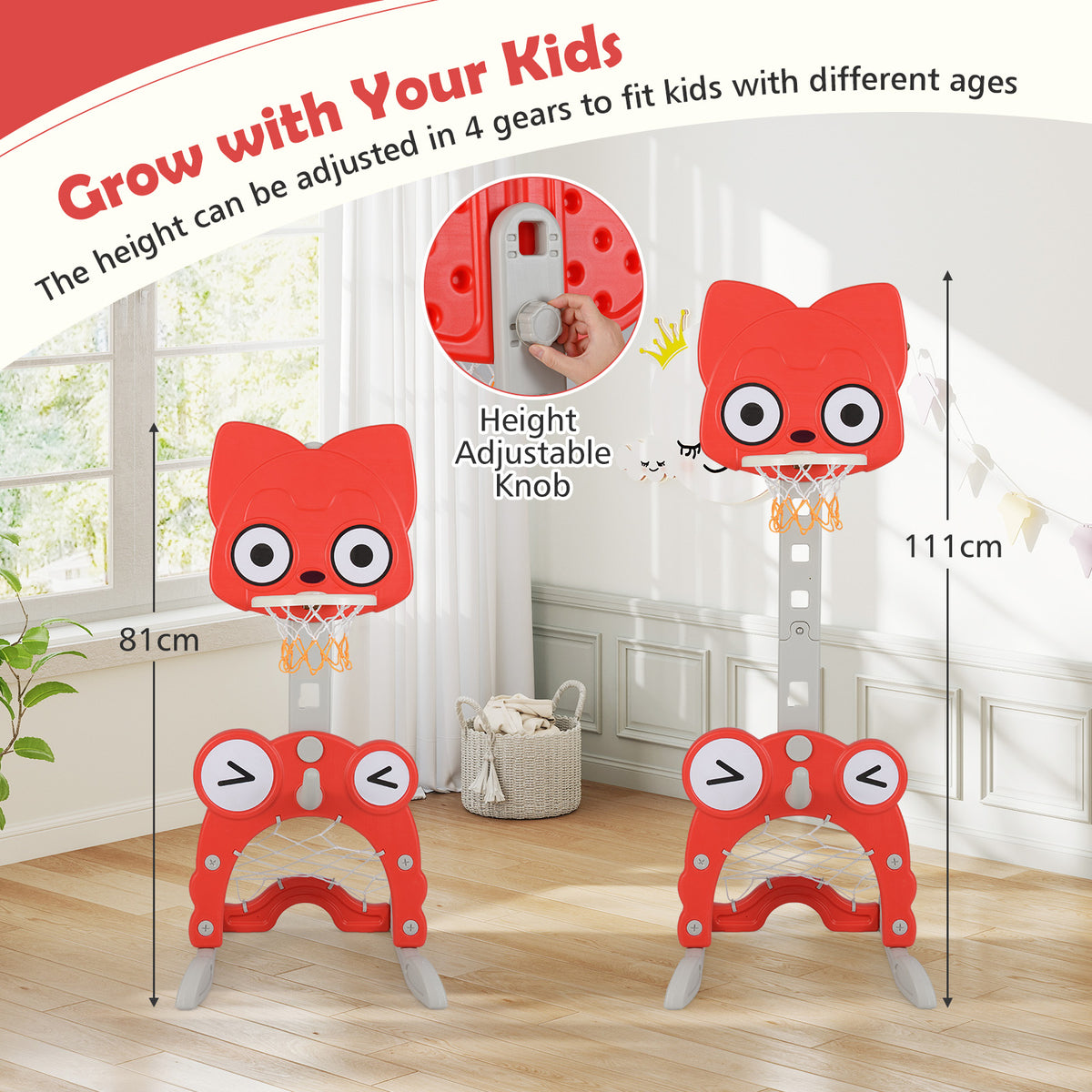 The toy sports hoop and goal at two different heights