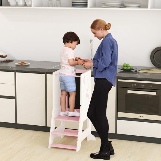 A mother and child using the toddler kitchen stool helper in a real kitchen setting