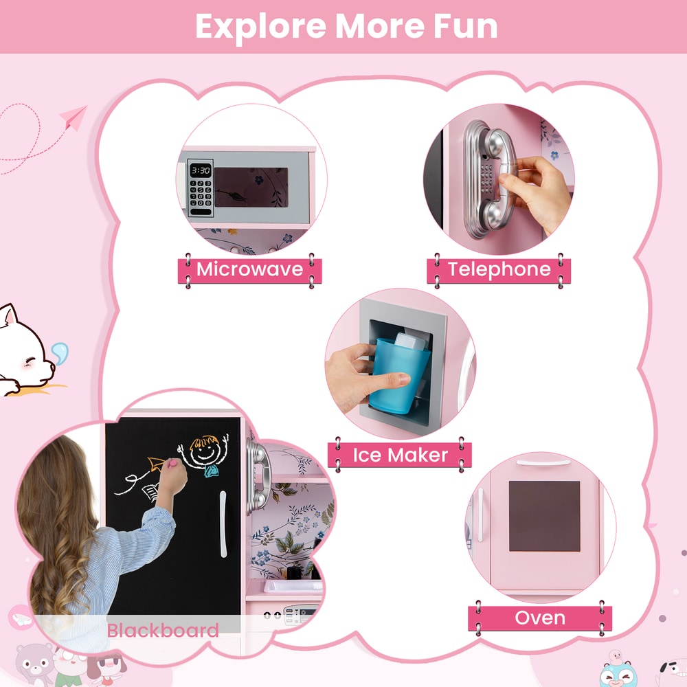 Collage of features for the cream pink play kitchen set including microwave and telephone
