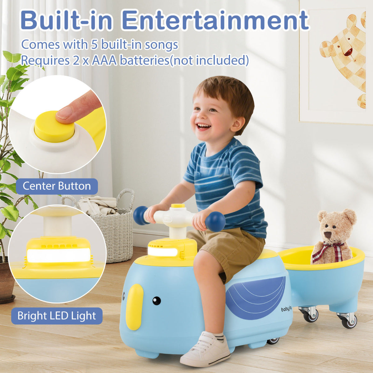 Close up of the controls and a child enjoying the blue and yellow elephant ride on toy