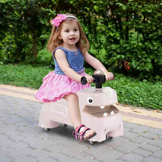 A young girl happily rides the pink push & pedal ride on toy outdoors on a paved path