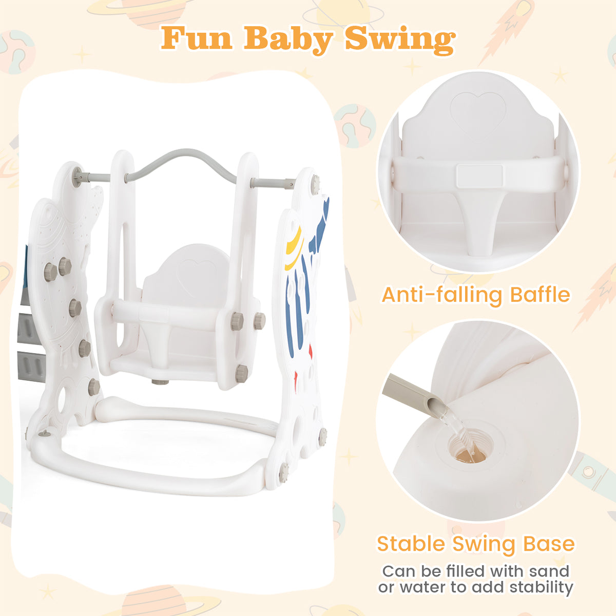 Close up of the fun baby swing with anti-falling baffle and stable swing base of the blue and white kids slide and swing set