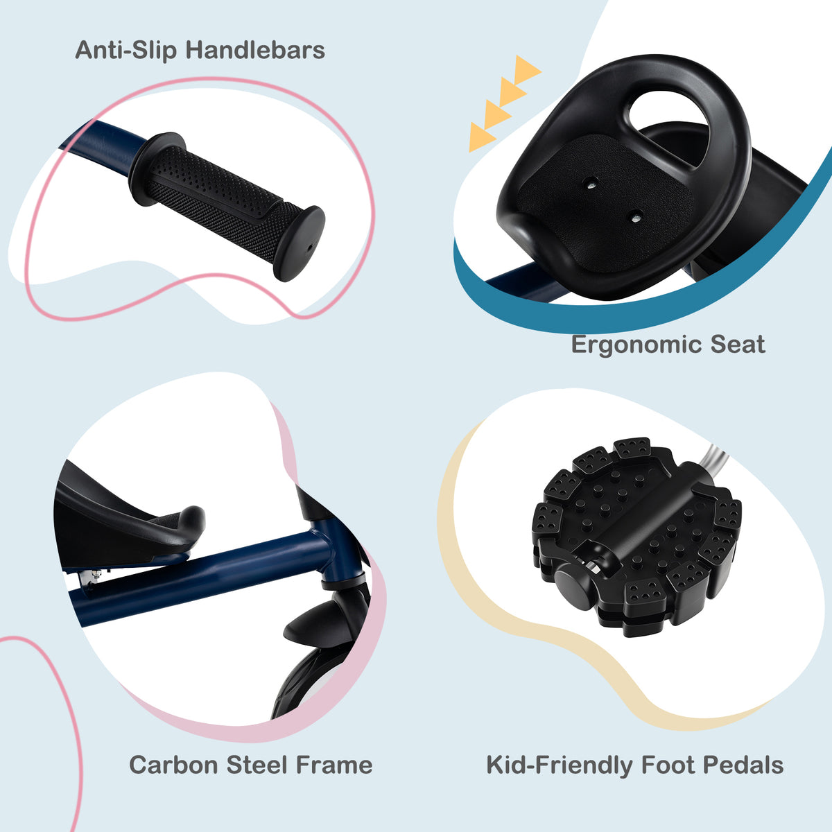 Close up details of the navy push and pedal ride on toy including handlebars, seat and pedals