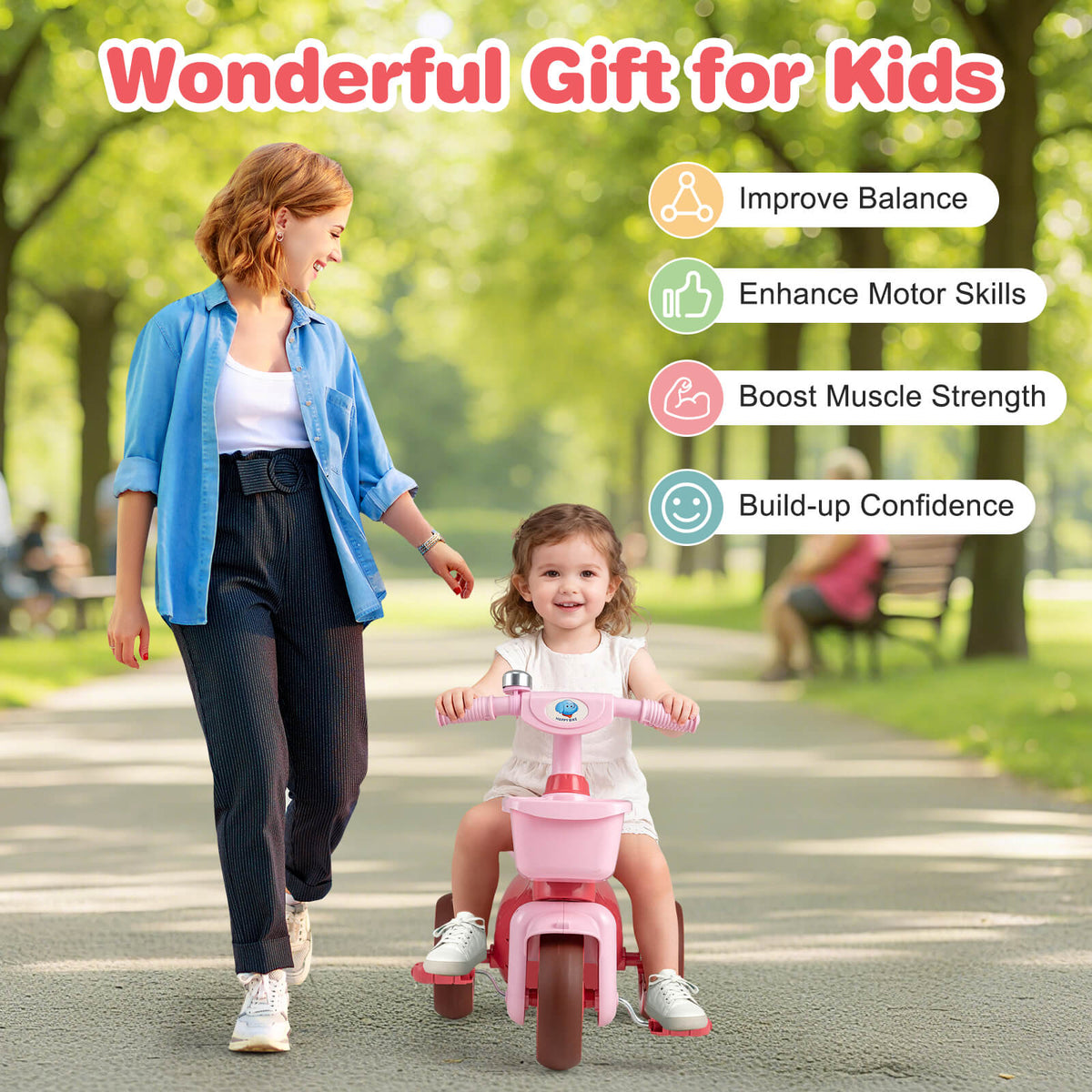Toddler Tricycle, the ride on toy with a girl riding it while a woman walks alongside in a park