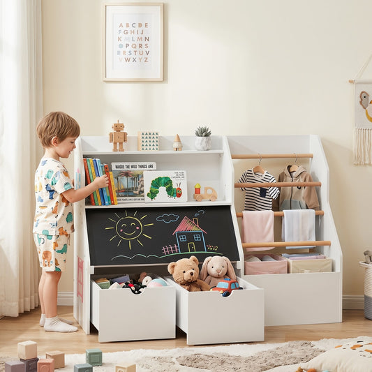 The kids storage unit is shown with a child using the blackboard and drawers