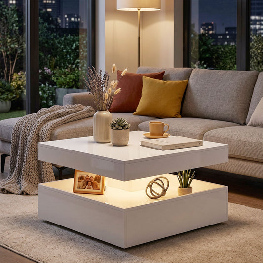 HOMCOM LED Coffee Table with Storage, 2-Tier Modern Centre Table with Open Shelf and Remote for Living Room, High Gloss White