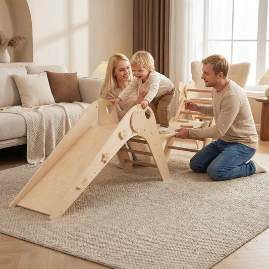 The climbing set being used by a young child and parents in a living room