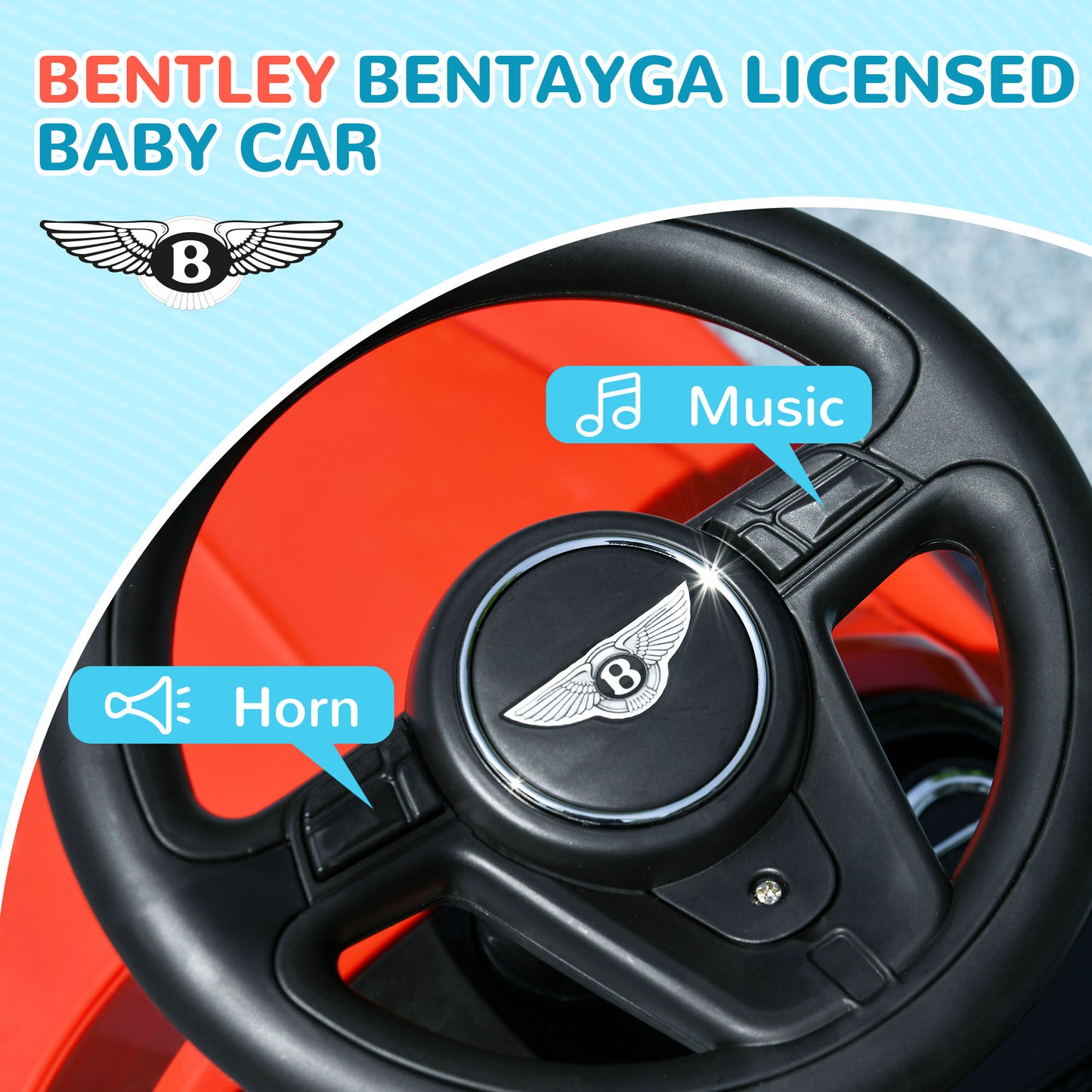 AIYAPLAY Bentley Bentayga Licensed 3-in-1 Baby Push Car, Ride on Car Sliding Car with Canopy, Horn Music - Red