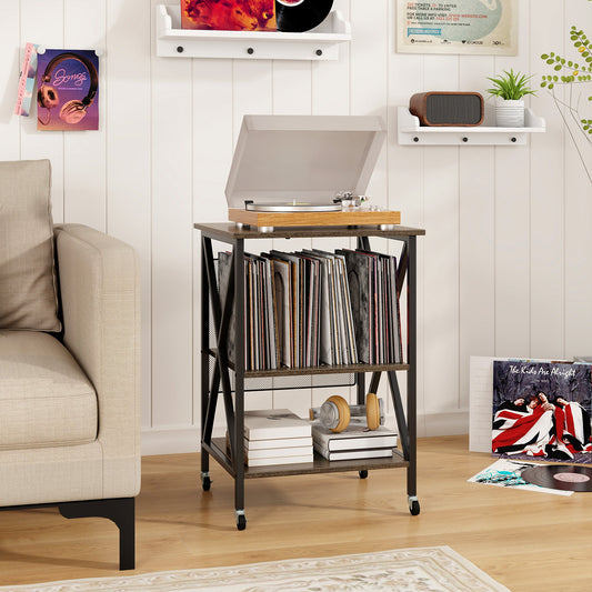 The side table holding a record player and vinyl records in a living room setting