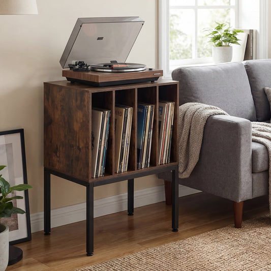 The turntable stand is shown in a living room setting next to a sofa