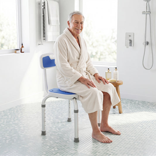 An elderly man sitting on the bath safety seat in a bright bathroom