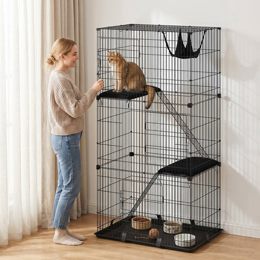 PawHut 3-Tier Large Cat Cage Indoor, Detachable Metal Wire Kennel with Hammock, Platforms, Tray and Cushions for 1-2 Kittens