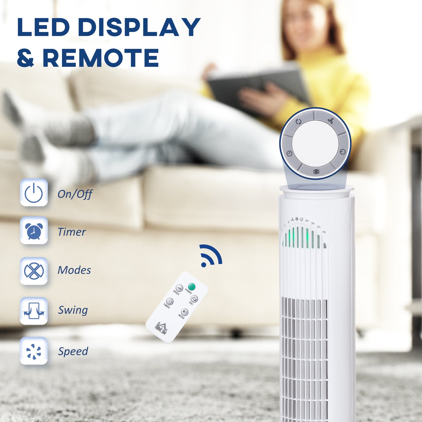 HOMCOM 30'' Freestanding Tower Fan, 3 Speed 3 Mode, 10h Timer, 70 Degree Oscillation, LED Light, 5M Remote Controller, White