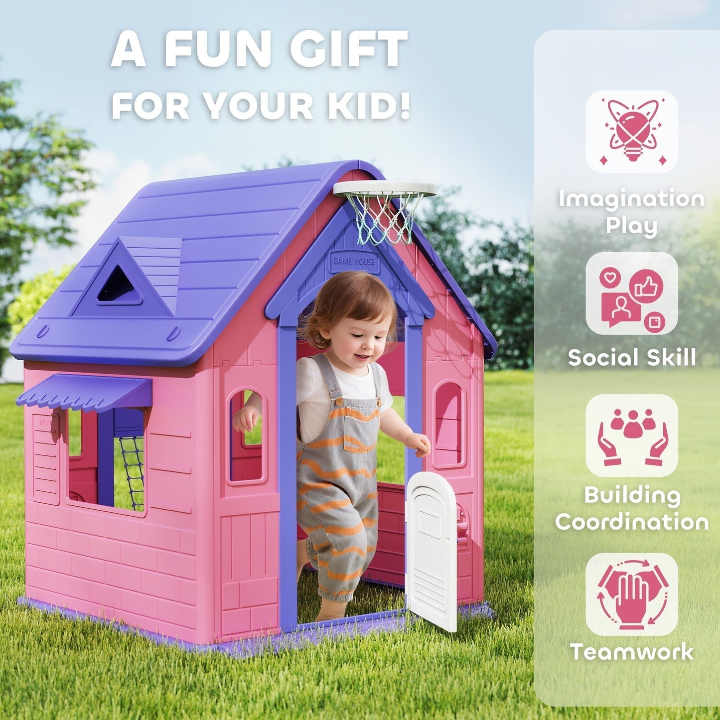 AIYAPLAY 5-in-1 Playhouse for Kids Outdoor Indoor with Basketball Hoop, Football Goal, Dartboard, Ring Toss for 2-5 Years, Pink
