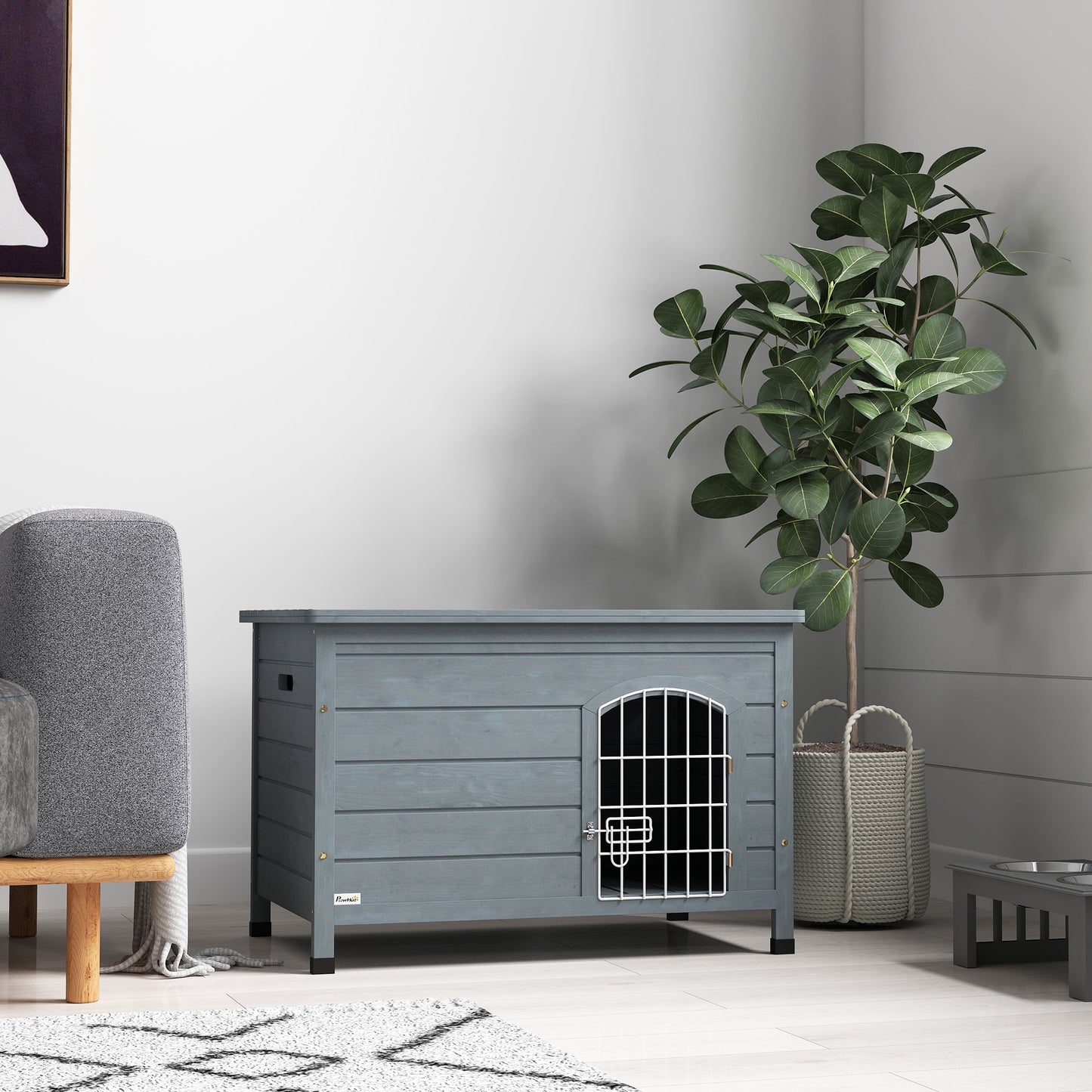 PawHut Wooden Dog House with Removable Bottom, Wire Door, Openable Top, Pet Shelter for Small Dog, 80 x 55 x 53.5cm, Dark Grey