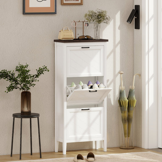 HOMCOM Shoe Cabinet with 3 Flip Drawers, Farmhouse Narrow Shoe Storage Cabinet with Adjustable Shelves, White