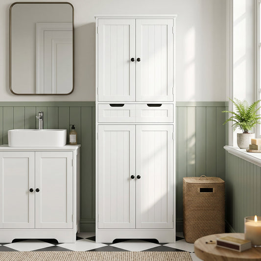 HOMCOM Tall Bathroom Cabinet, Freestanding Bathroom Storage Cabinet with Drawer, Shelves and Doors, 60 x 30 x 160 cm, White