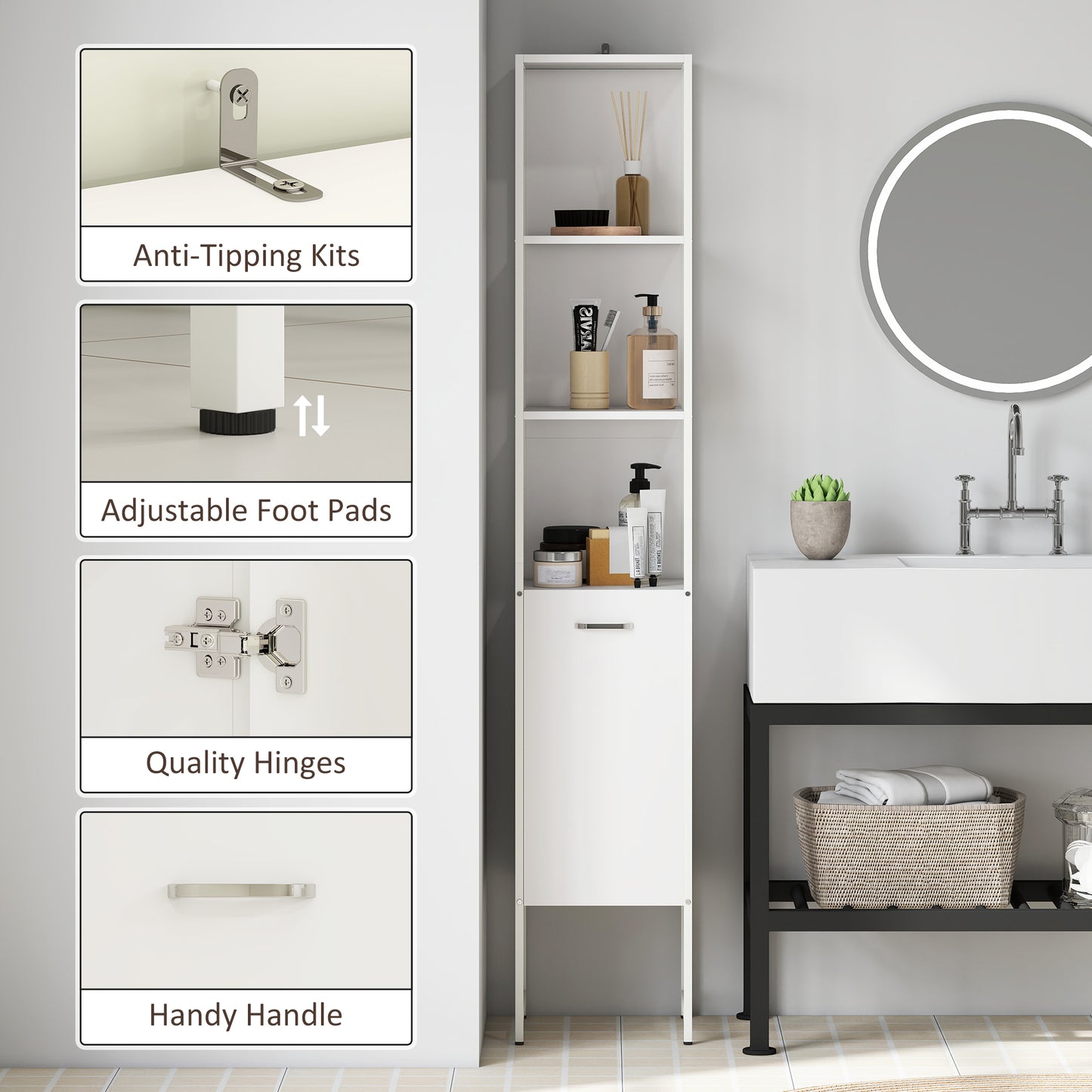 HOMCOM Tall Bathroom Cabinet with Open Shelves and Adjustable Shelf - White
