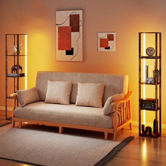 HOMCOM RGB LED Floor Lamp with Shelves in Rustic Brown