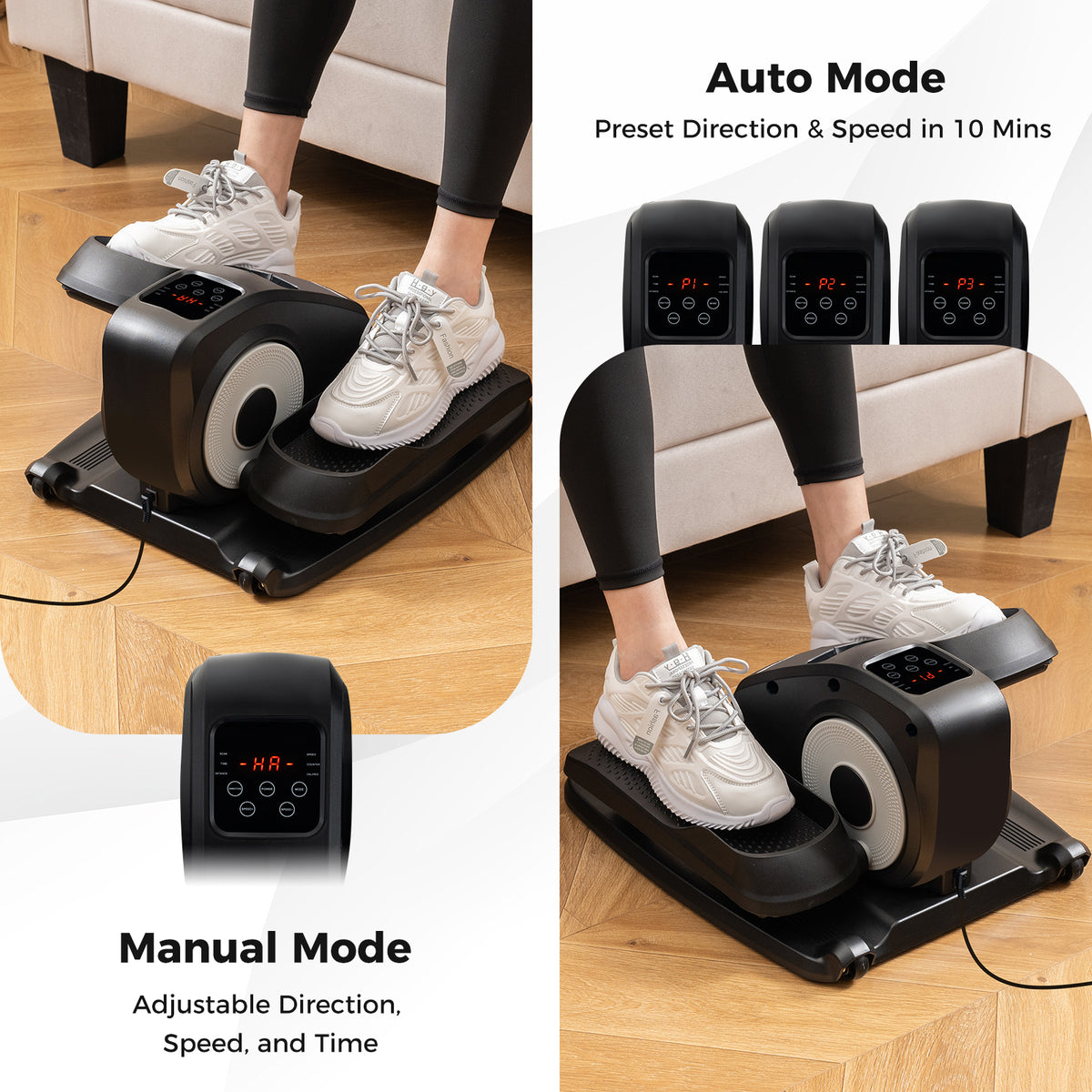 The exercise machine shown in auto and manual modes with display details