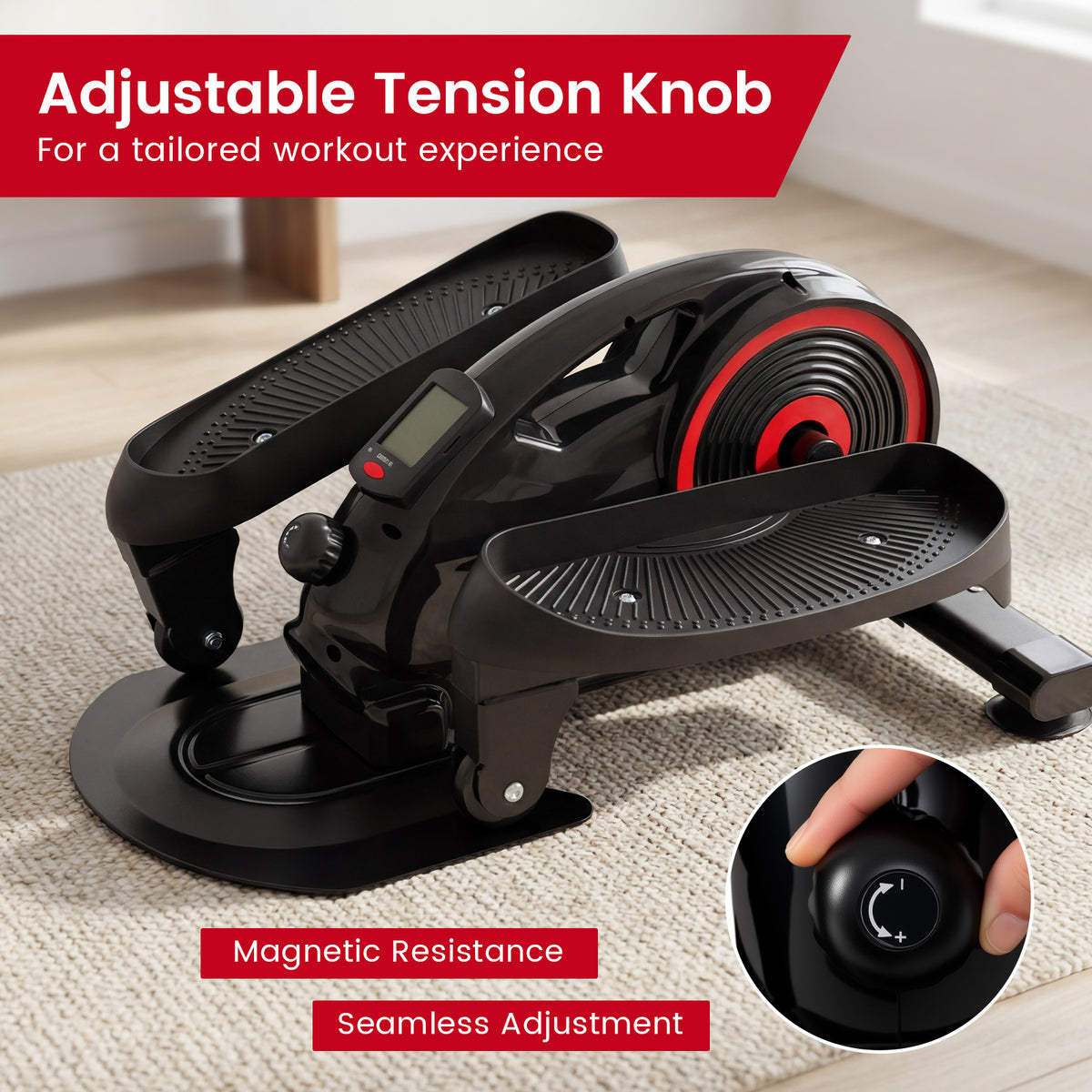 Close-up of the adjustable tension knob and magnetic resistance feature on the pedal exerciser