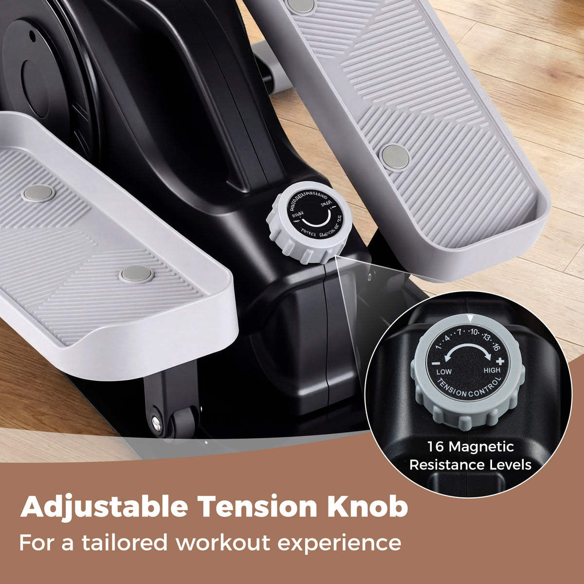 The under desk elliptical pedal exerciser with an adjustable tension knob for a tailored workout