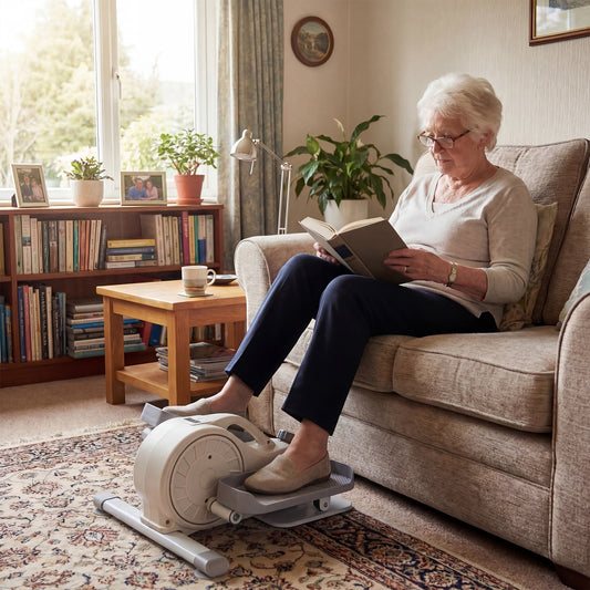 Under Desk Elliptical Pedal Exerciser with Forward, the exercise bike being used by an elderly person sitting on a sofa while