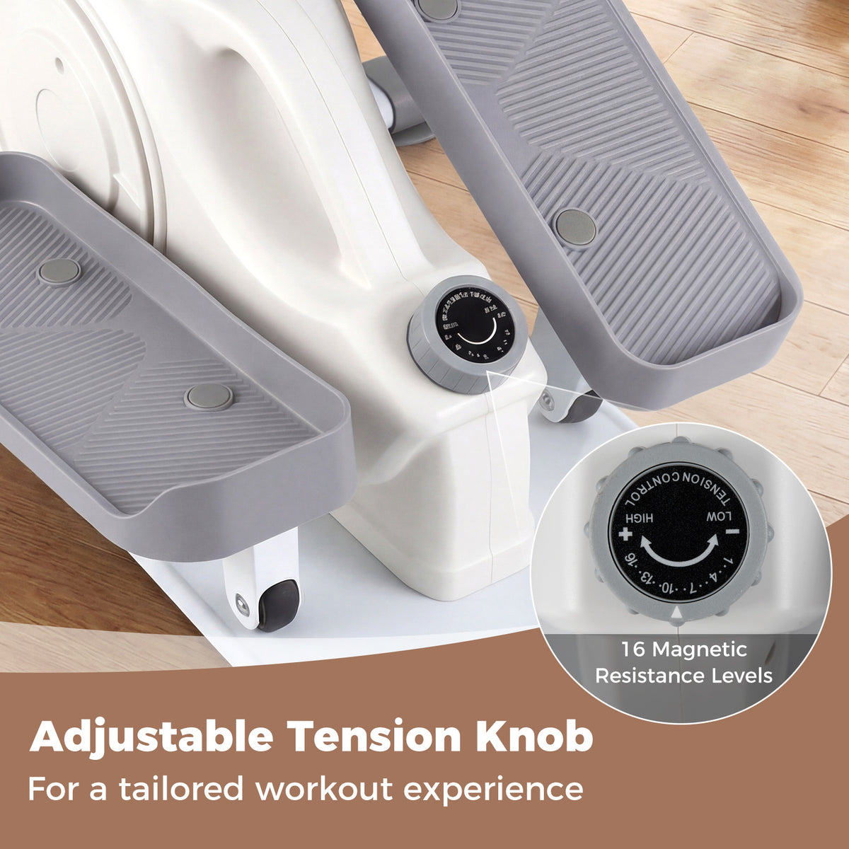 Under Desk Elliptical Pedal Exerciser with Forward, the exercise bike showing the tension control knob used to adjust the