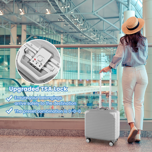 The kids luggage being used by a traveller in an airport with a close-up of the security lock
