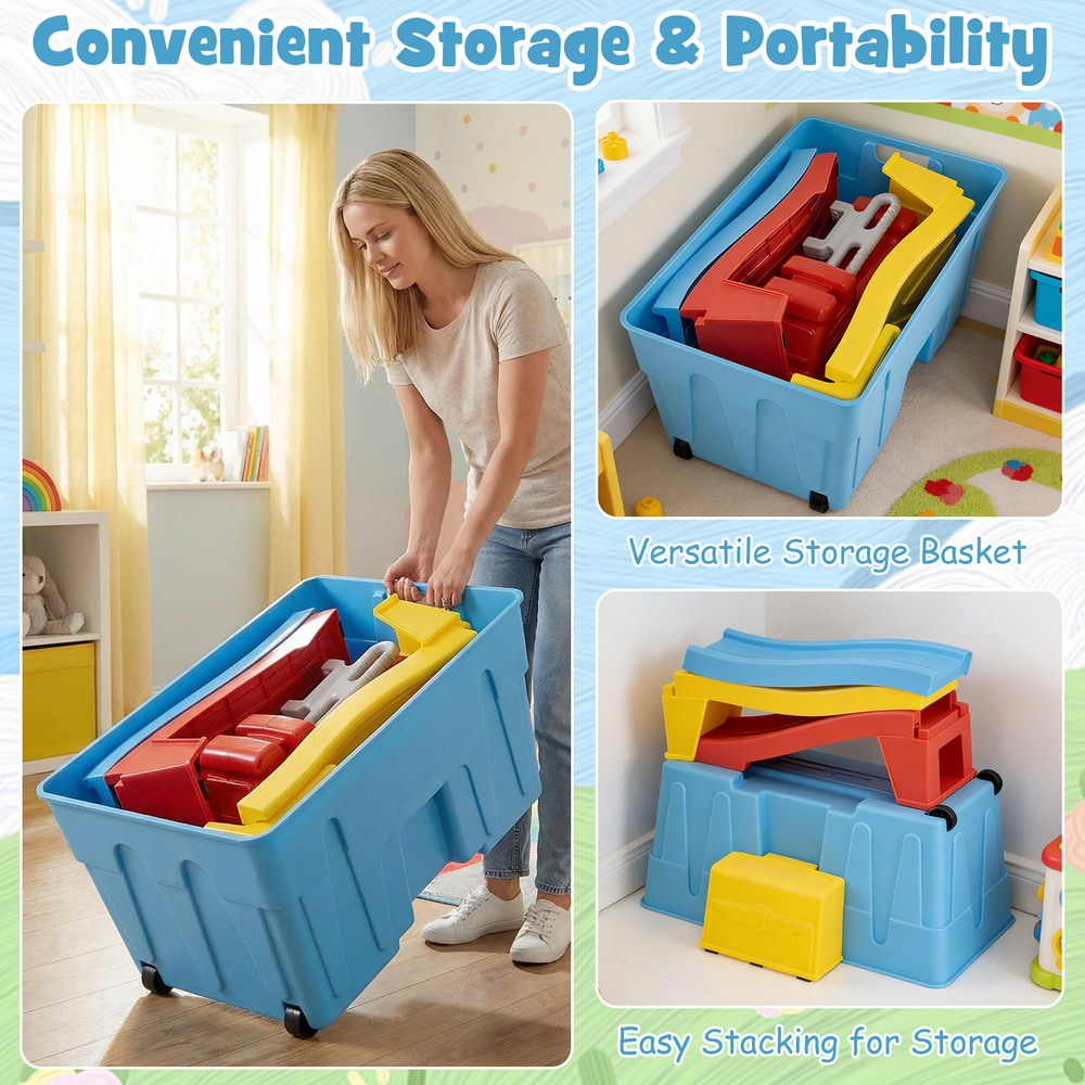 A woman puts the blue, yellow and red roller coaster pieces into a blue storage box