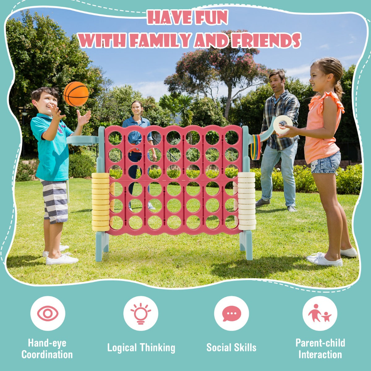 Children and adults enjoying the giant connect four game outdoors