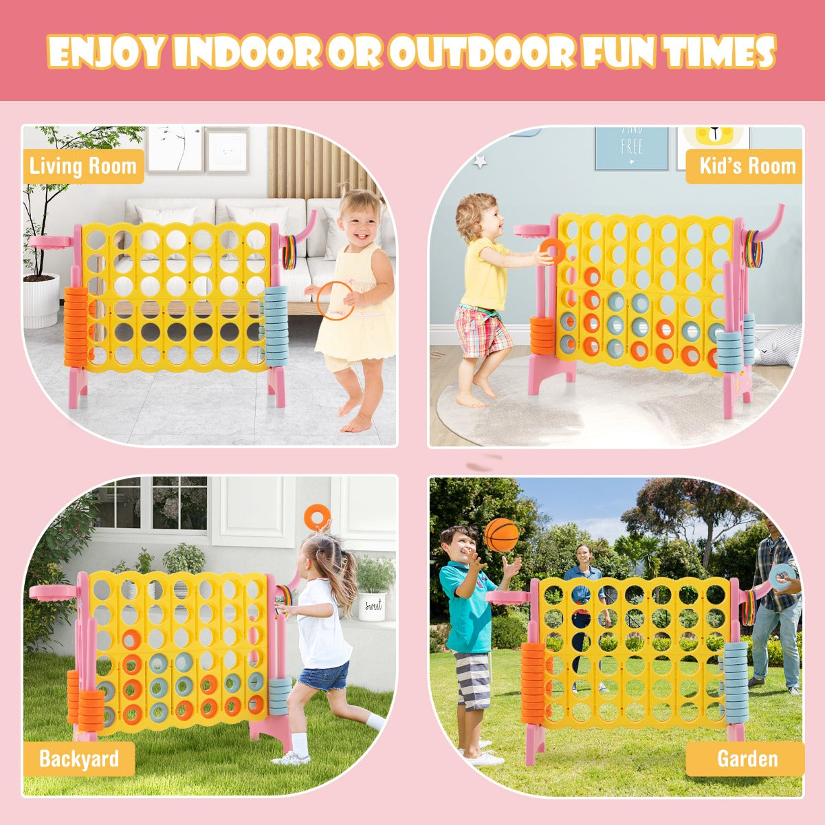Four-in-a-row game set in different indoor and outdoor settings