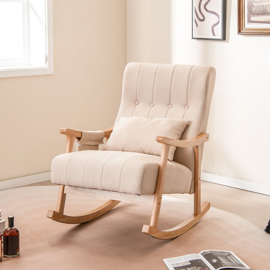 The accent chair placed in a bright living room with a rug and a book on the floor