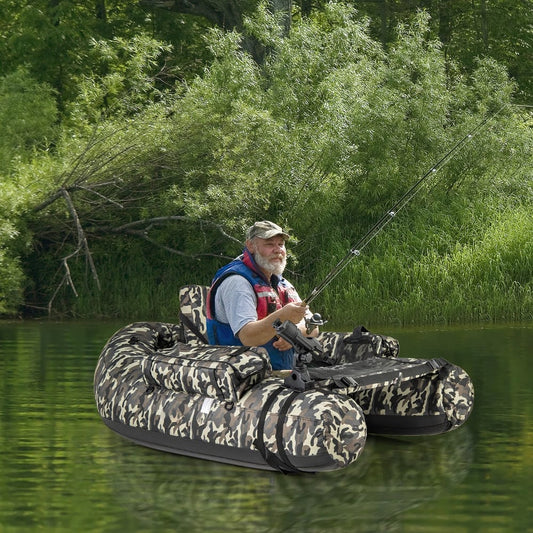 Man fishing from the camouflage float tube on a calm lake