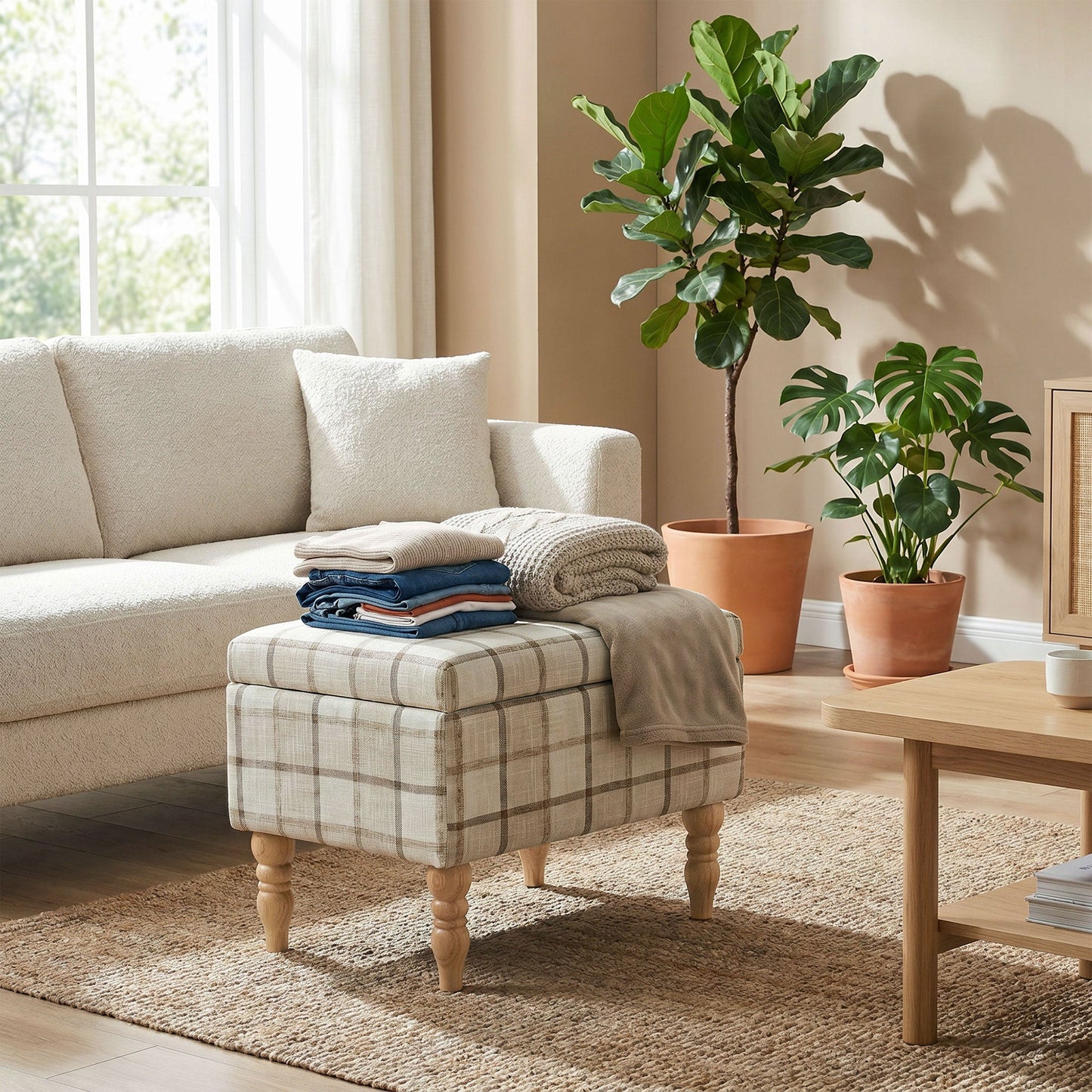 HOMCOM Linen Fabric Upholstered Footstool, Rectangular Storage Stool with Removable Top, Padded Seat and Hidden Space, Brown