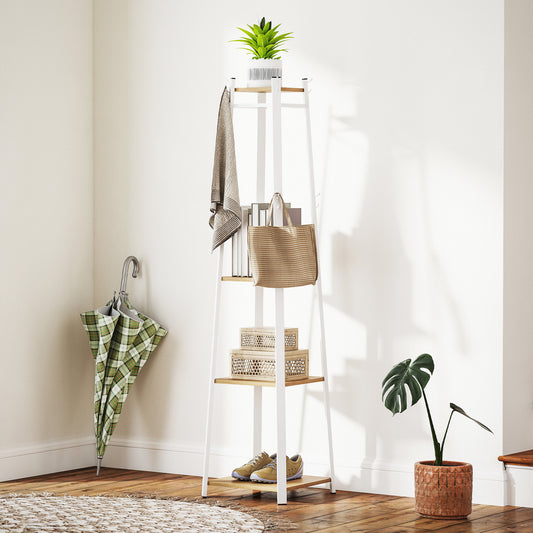 HOMCOM Compact Freestanding Coat Rack in White and Oak