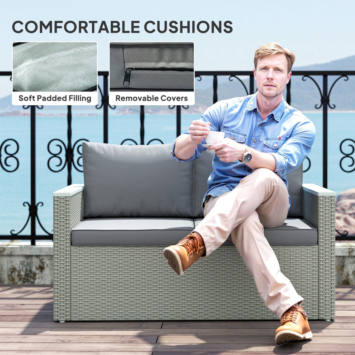 Outsunny Four-Piece Rattan Sofa Set, with Wood-Top Table