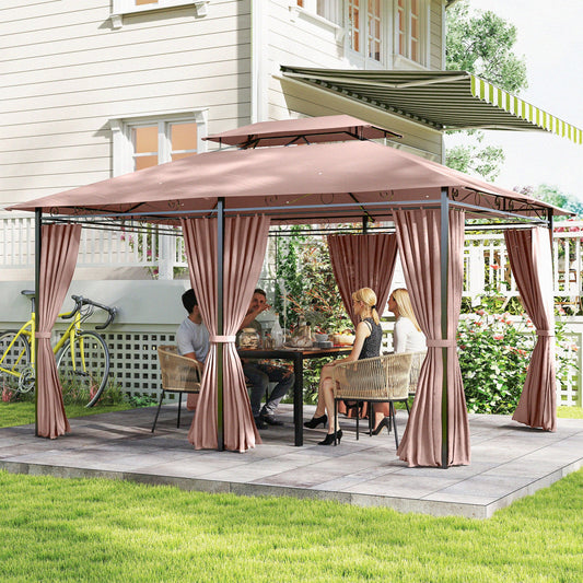 جناح حديقة Outsunny مقاس 4م × 3م، مظلة حديقة خارجية بسقف مزدوج مع ستائر، إطار فولاذي متين للفناء، والحديقة، لون بني