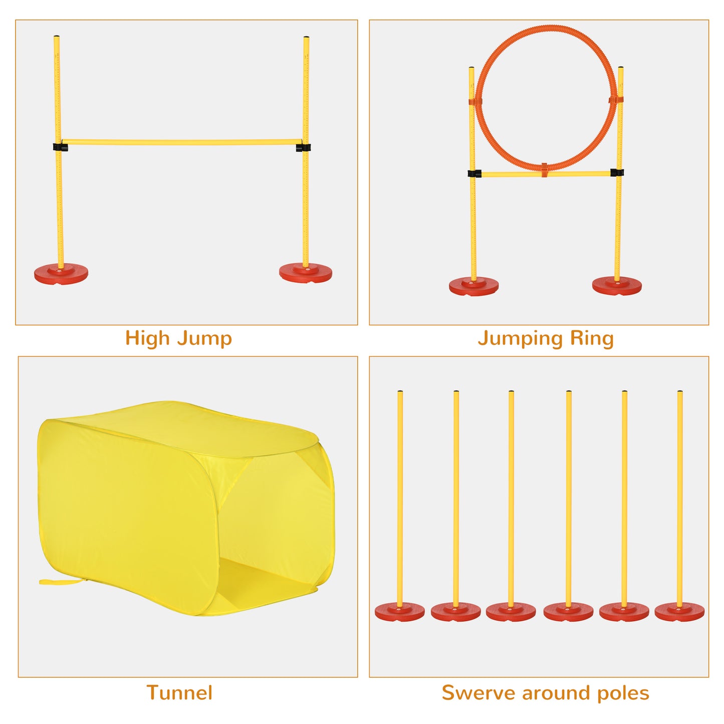 مجموعة حواجز تدريب الكلاب المحمولة من Pawhut Dog Agility Equipment مكونة من 5 قطع مع عمود قفز عالي قابل للتعديل وحلقة قفز وأعمدة منسوجة ونفق