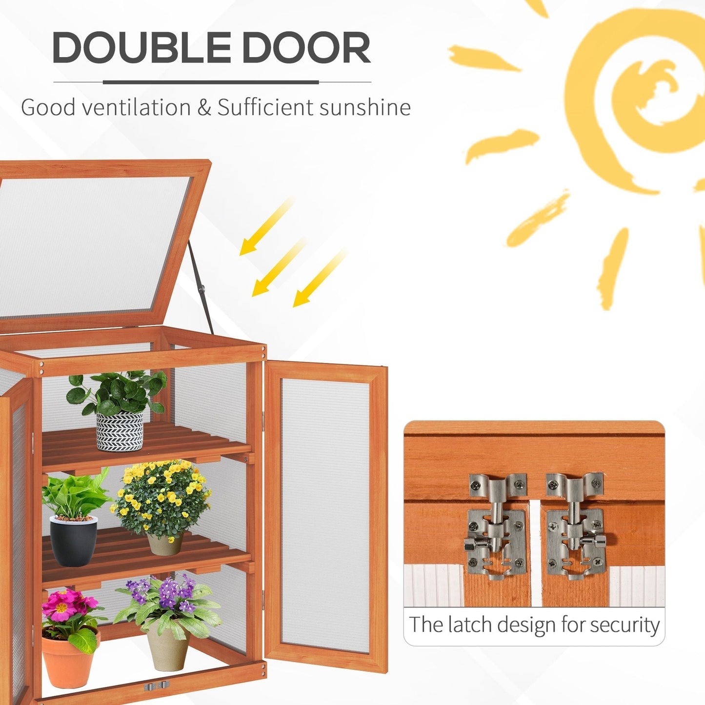 Outsunny دفيئة خشبية 3 طبقات، إطار بارد من البولي كربونات للحديقة، منزل نمو للشرفة مع رف تخزين للنباتات والزهور، برتقالي
