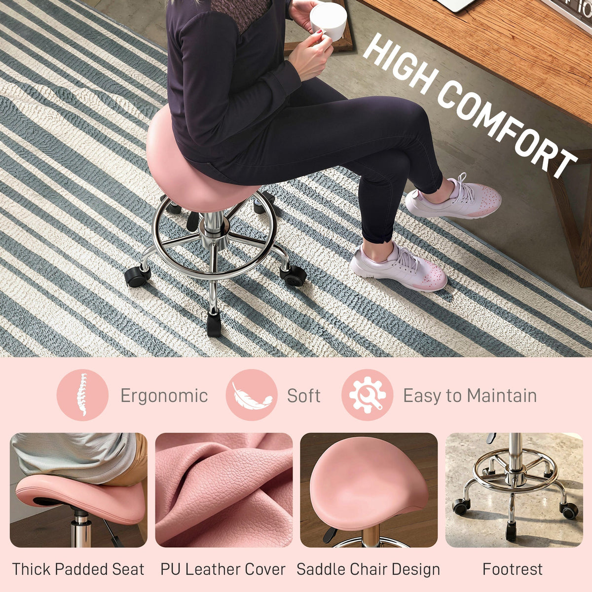 HOMCOM Salon Saddle Stool, Rolling Saddle Chair for Massage, Spa, Clinic, Beauty, Hairdressing and Tattoo, Pink